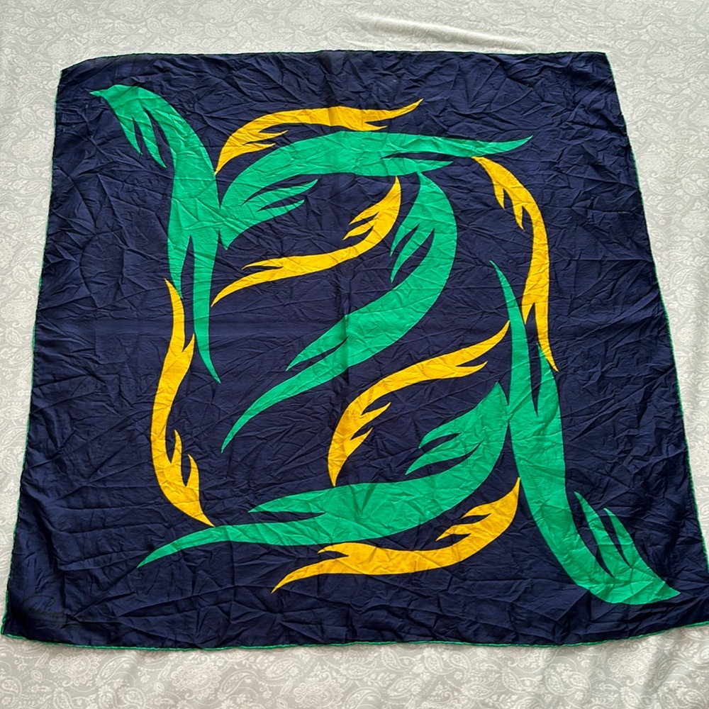 Vintage Christian PARIS Italian Silk Scarf Large square navy blue gold green